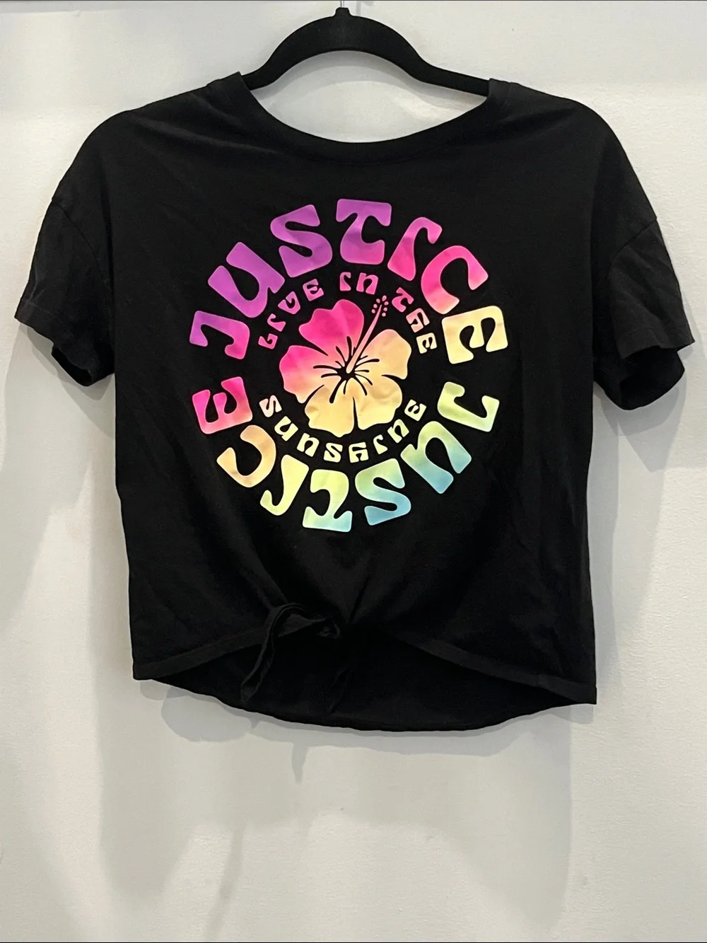 Justice Black Short-Sleeve Tie-Front Graphic Tee with Rainbow Floral Print